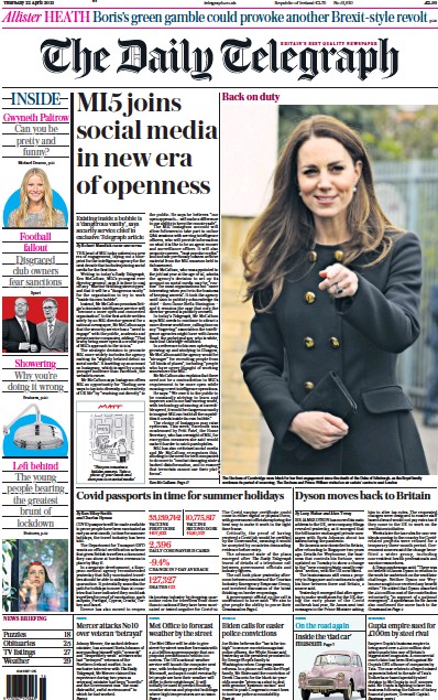 The Daily Telegraph Newspaper Front Page (UK) for 22 April 2021