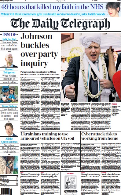 The Daily Telegraph Newspaper Front Page (UK) for 22 April 2022