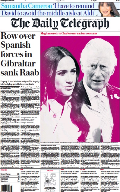 The Daily Telegraph Newspaper Front Page (UK) for 22 April 2023