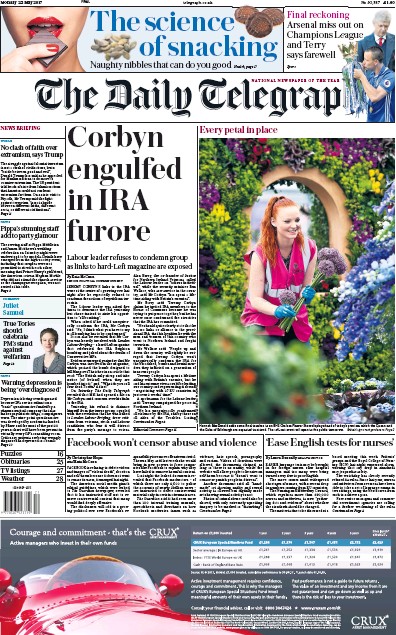 The Daily Telegraph Newspaper Front Page (UK) for 22 May 2017