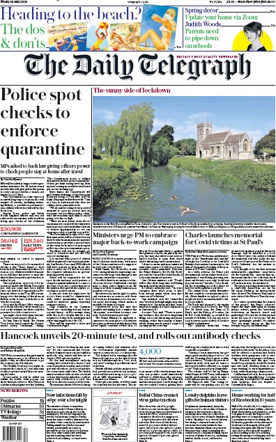 The Daily Telegraph Newspaper Front Page (UK) for 22 May 2020