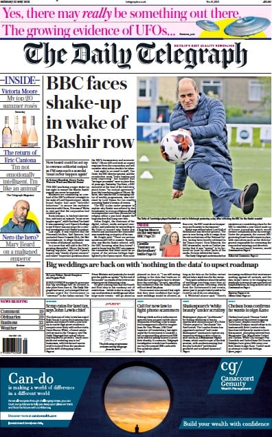 The Daily Telegraph Newspaper Front Page (UK) for 22 May 2021