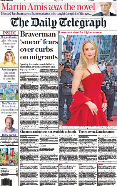 The Daily Telegraph Newspaper Front Page (UK) for 22 May 2023
