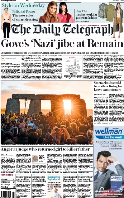 The Daily Telegraph Newspaper Front Page (UK) for 22 June 2016