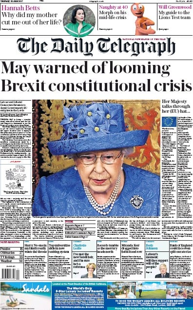 The Daily Telegraph Newspaper Front Page (UK) for 22 June 2017