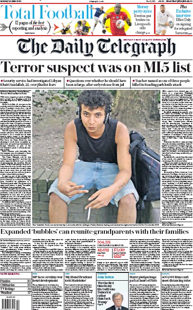 The Daily Telegraph Newspaper Front Page (UK) for 22 June 2020