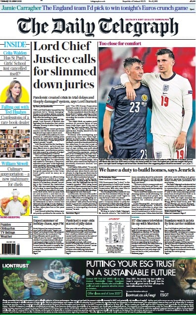 The Daily Telegraph Newspaper Front Page (UK) for 22 June 2021