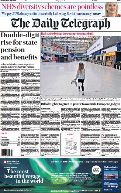 The Daily Telegraph Newspaper Front Page (UK) for 22 June 2022