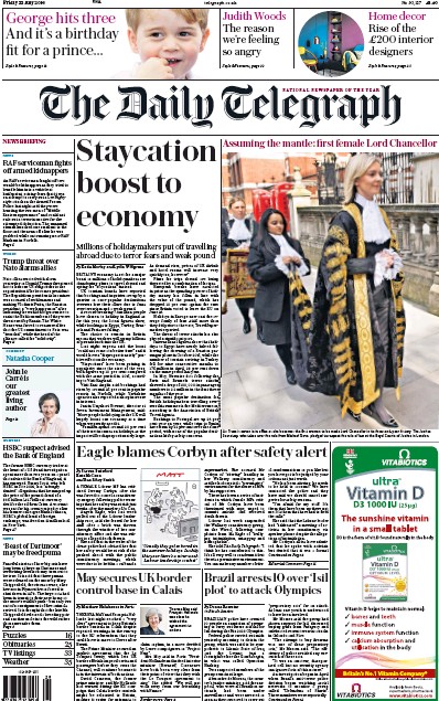 The Daily Telegraph Newspaper Front Page (UK) for 22 July 2016