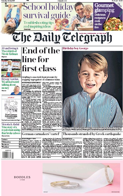 The Daily Telegraph Newspaper Front Page (UK) for 22 July 2017