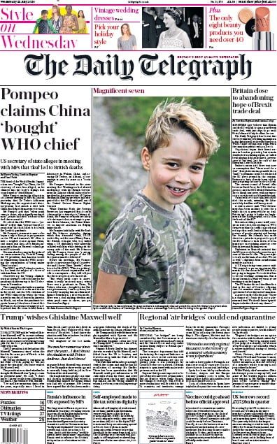 The Daily Telegraph Newspaper Front Page (UK) for 22 July 2020
