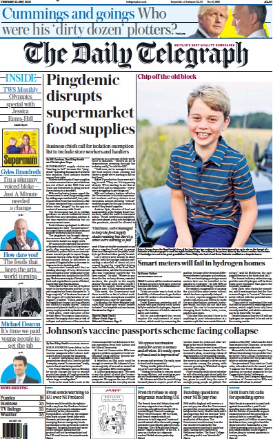 The Daily Telegraph Newspaper Front Page (UK) for 22 July 2021