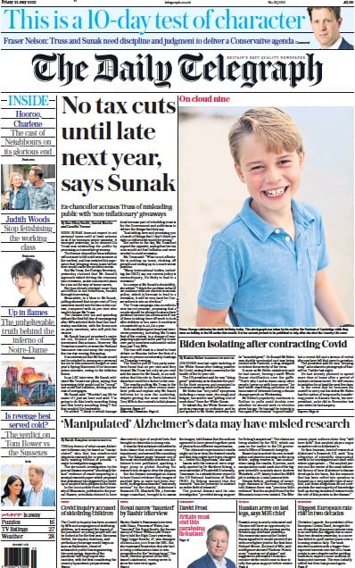 The Daily Telegraph Newspaper Front Page (UK) for 22 July 2022
