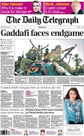 The Daily Telegraph (UK) Newspaper Front Page for 22 August 2011