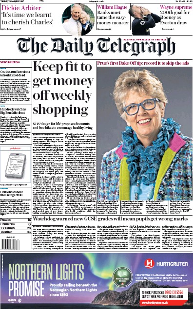 The Daily Telegraph Newspaper Front Page (UK) for 22 August 2017