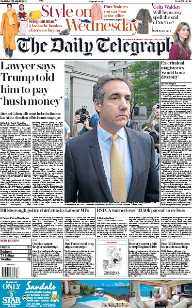 The Daily Telegraph Newspaper Front Page (UK) for 22 August 2018