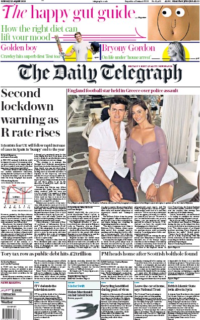 The Daily Telegraph Newspaper Front Page (UK) for 22 August 2020
