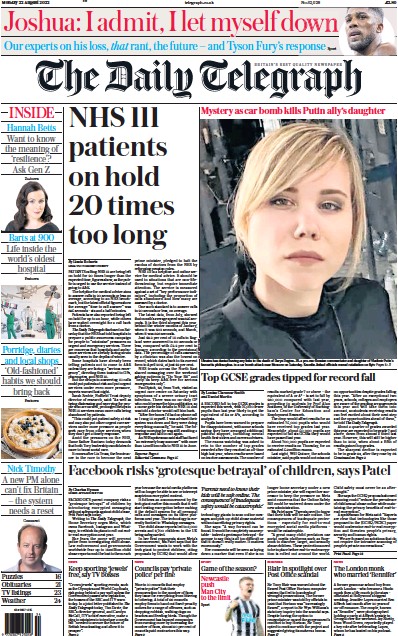 The Daily Telegraph Newspaper Front Page (UK) for 22 August 2022