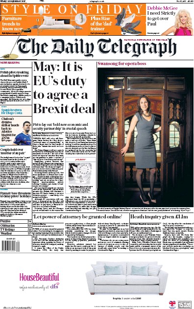 The Daily Telegraph Newspaper Front Page (UK) for 22 September 2017