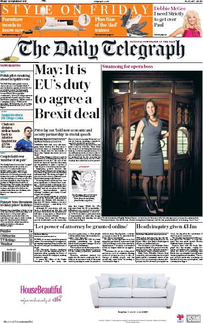 The Daily Telegraph Newspaper Front Page (UK) for 22 September 2017