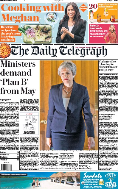 The Daily Telegraph Newspaper Front Page (UK) for 22 September 2018