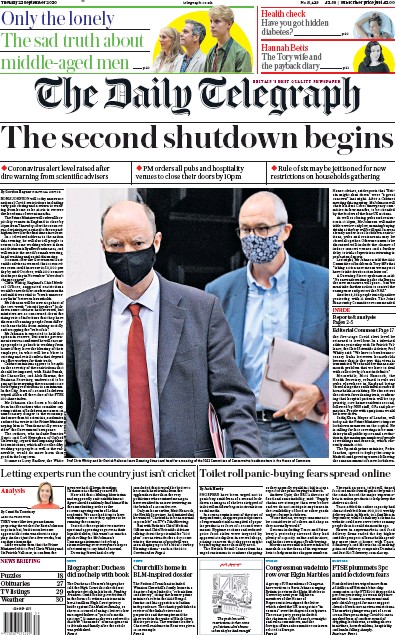 The Daily Telegraph Newspaper Front Page (UK) for 22 September 2020