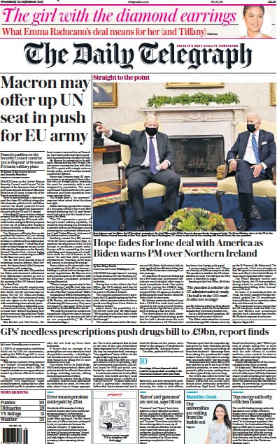 The Daily Telegraph Newspaper Front Page (UK) for 22 September 2021