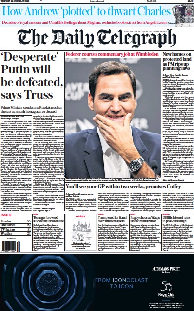 The Daily Telegraph Newspaper Front Page (UK) for 22 September 2022