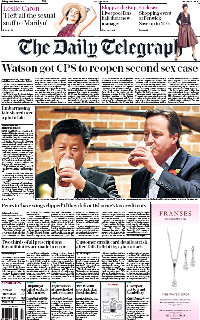 The Daily Telegraph Newspaper Front Page (UK) for 23 October 2015