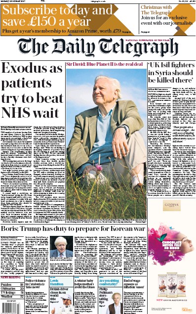 The Daily Telegraph Newspaper Front Page (UK) for 23 October 2017