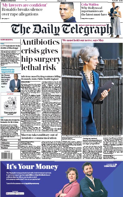 The Daily Telegraph Newspaper Front Page (UK) for 23 October 2018