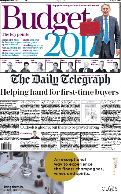 The Daily Telegraph Newspaper Front Page (UK) for 23 November 2017