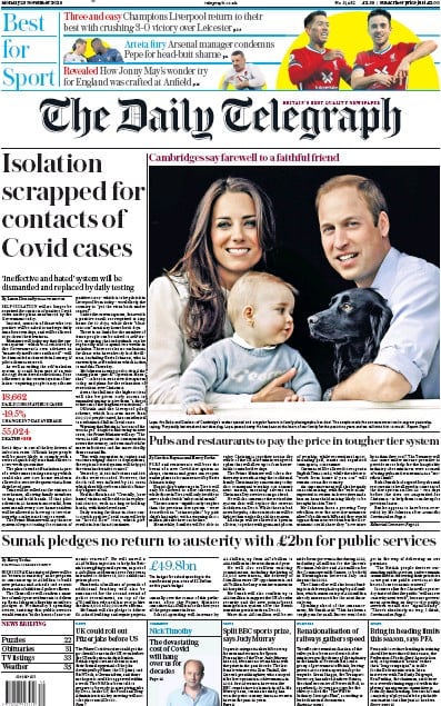 The Daily Telegraph Newspaper Front Page (UK) for 23 November 2020