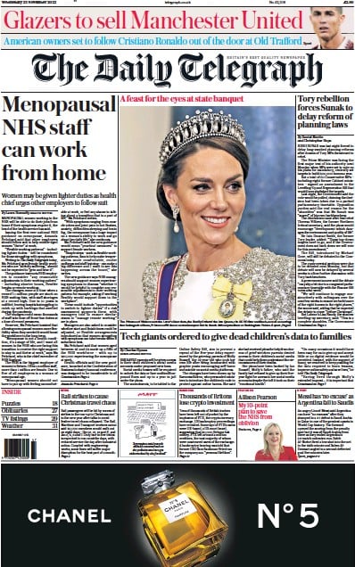 The Daily Telegraph Newspaper Front Page (UK) for 23 November 2022