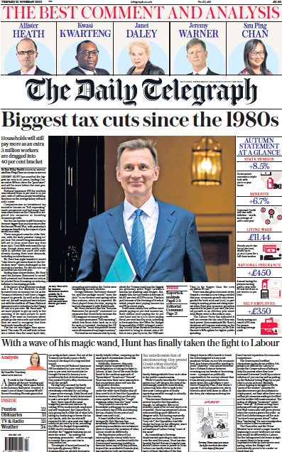 The Daily Telegraph Newspaper Front Page (UK) for 23 November 2023