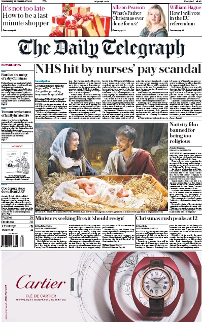 The Daily Telegraph Newspaper Front Page (UK) for 23 December 2015