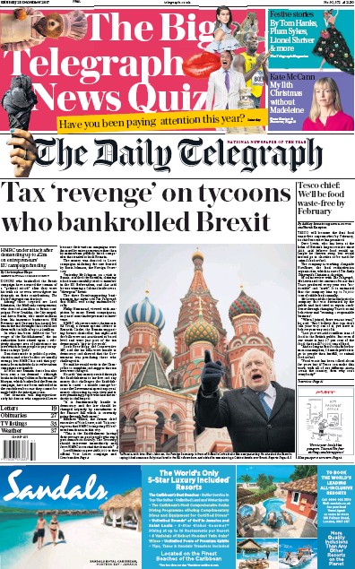 The Daily Telegraph Newspaper Front Page (UK) for 23 December 2017
