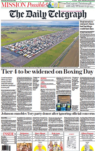 The Daily Telegraph Newspaper Front Page (UK) for 23 December 2020