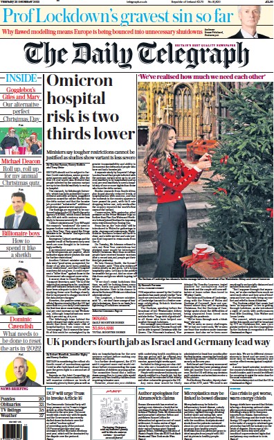 The Daily Telegraph Newspaper Front Page (UK) for 23 December 2021