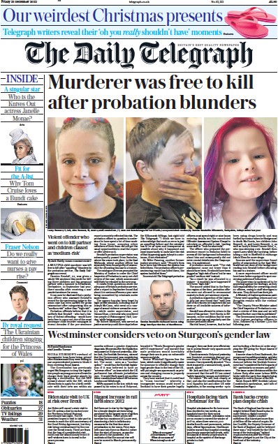 The Daily Telegraph Newspaper Front Page (UK) for 23 December 2022
