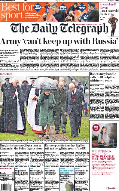 The Daily Telegraph Newspaper Front Page (UK) for 23 January 2018