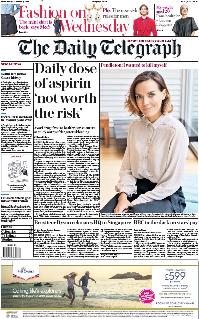 The Daily Telegraph Newspaper Front Page (UK) for 23 January 2019