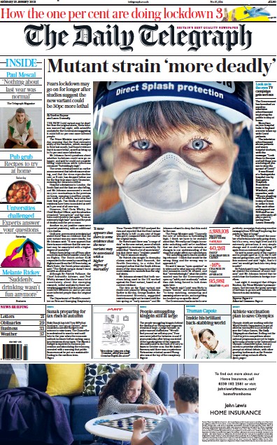 The Daily Telegraph Newspaper Front Page (UK) for 23 January 2021