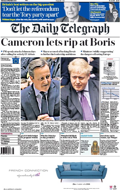 The Daily Telegraph Newspaper Front Page (UK) for 23 February 2016