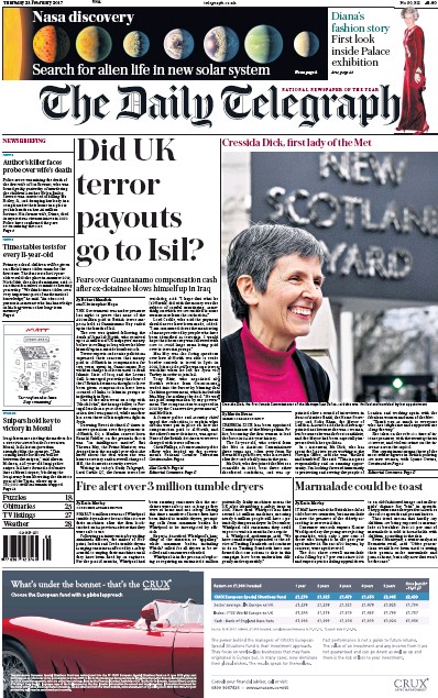 The Daily Telegraph Newspaper Front Page (UK) for 23 February 2017