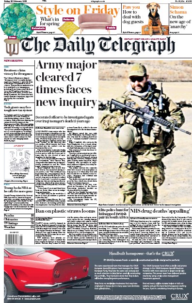 The Daily Telegraph Newspaper Front Page (UK) for 23 February 2018