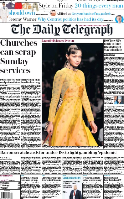 The Daily Telegraph Newspaper Front Page (UK) for 23 February 2019