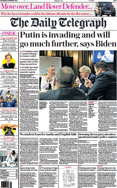 The Daily Telegraph Newspaper Front Page (UK) for 23 February 2022