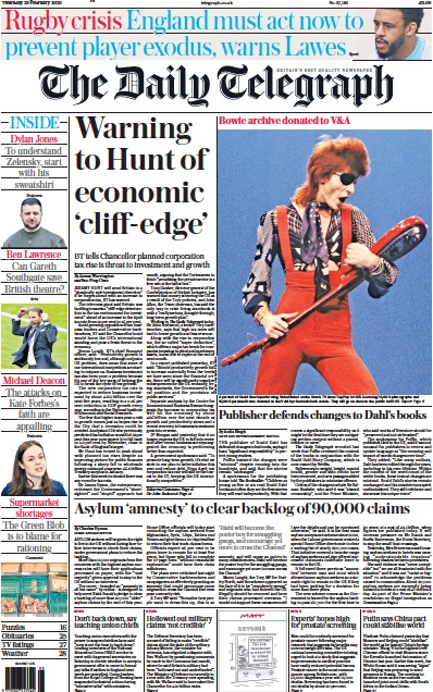 The Daily Telegraph Newspaper Front Page (UK) for 23 February 2023