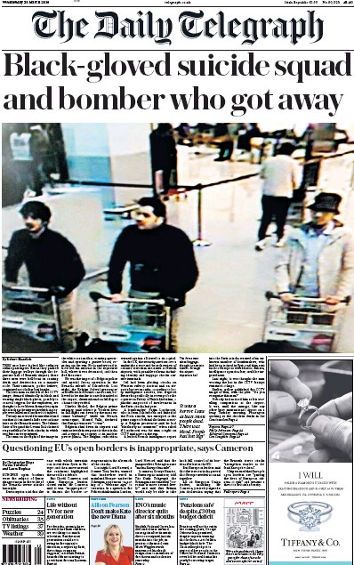 The Daily Telegraph Newspaper Front Page (UK) for 23 March 2016